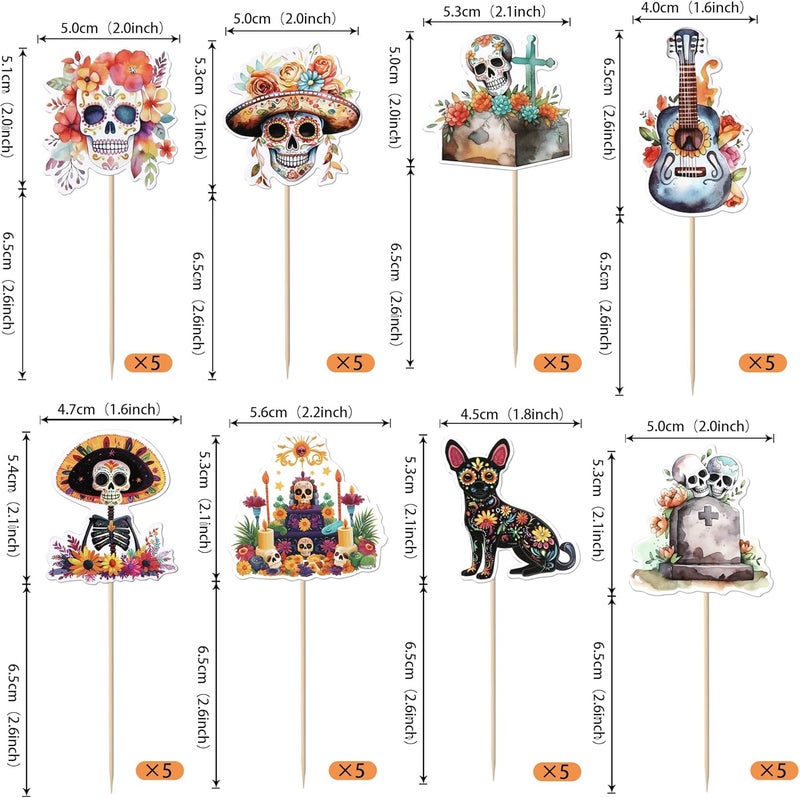 Rsstarxi 40 Pack Zombie Cupcake Toppers Halloween Skull Birthday Party Decorations Day of the Dead Cupcake Picks Decorations for Sugar Skull Skeleton Halloween Party Cake Decorations - Image 2