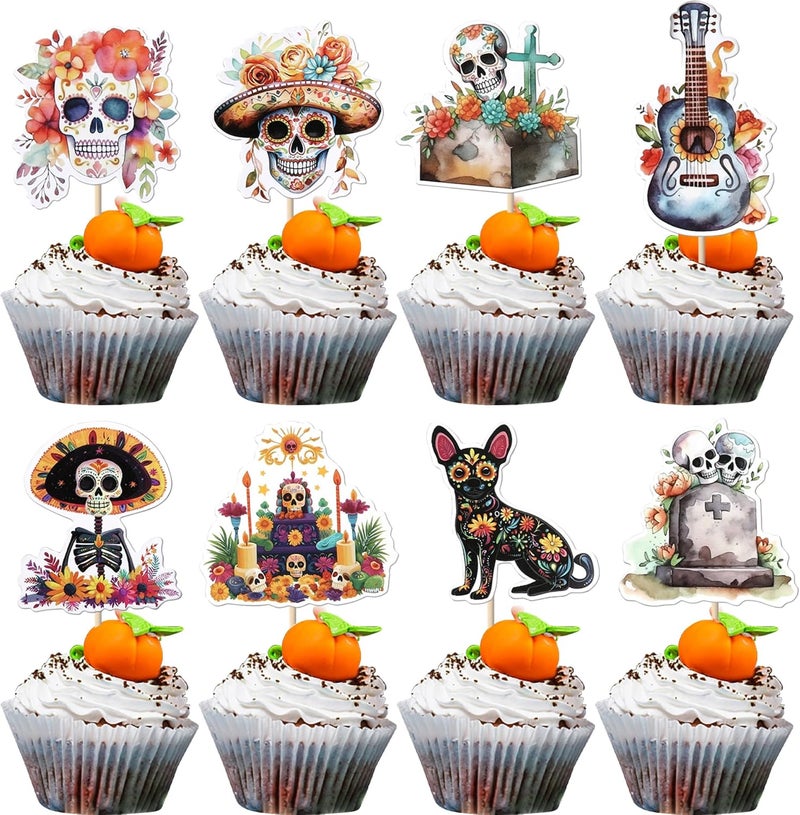 Rsstarxi 40 Pack Zombie Cupcake Toppers Halloween Skull Birthday Party Decorations Day of the Dead Cupcake Picks Decorations for Sugar Skull Skeleton Halloween Party Cake Decorations - Image 1