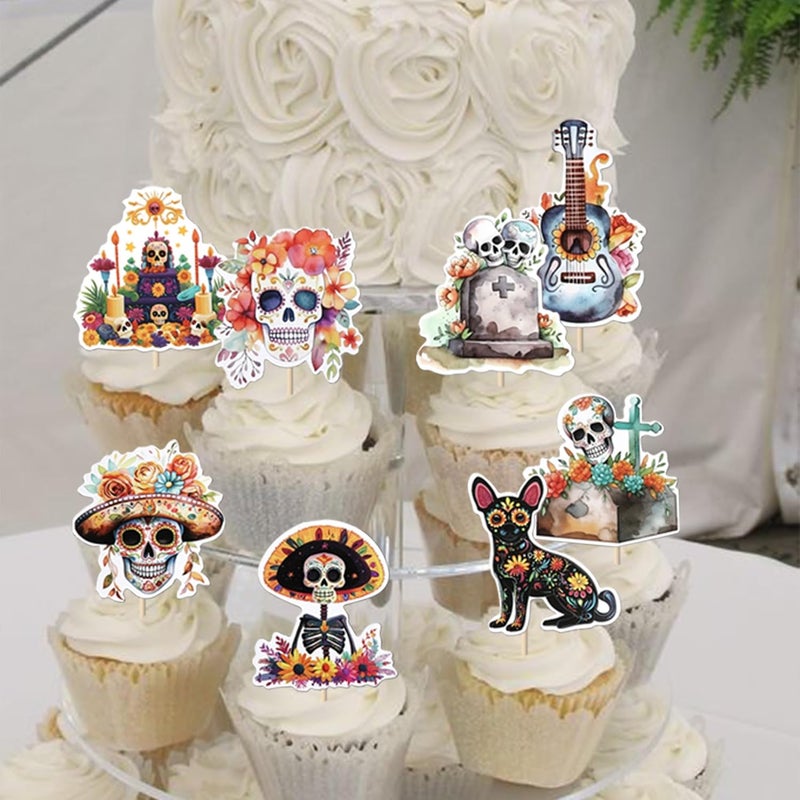 Rsstarxi 40 Pack Zombie Cupcake Toppers Halloween Skull Birthday Party Decorations Day of the Dead Cupcake Picks Decorations for Sugar Skull Skeleton Halloween Party Cake Decorations - Image 4
