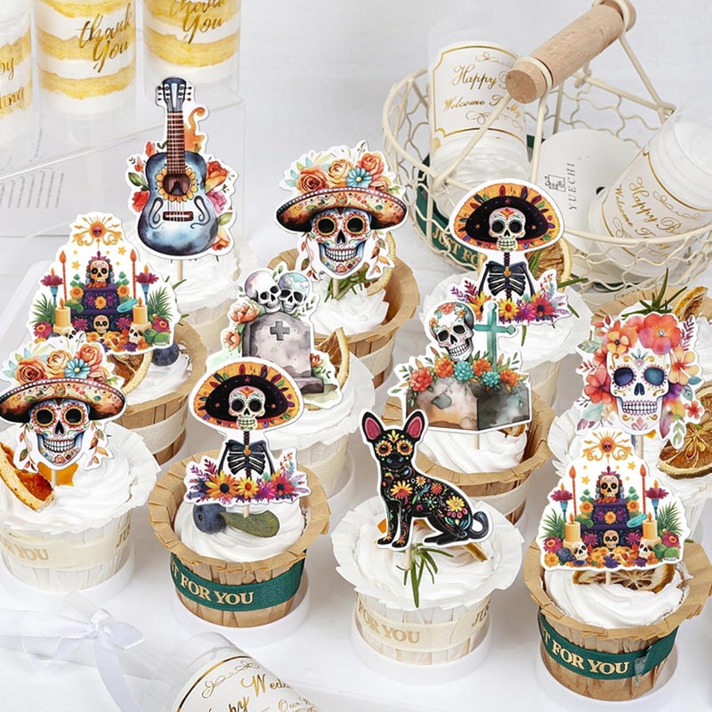 Rsstarxi 40 Pack Zombie Cupcake Toppers Halloween Skull Birthday Party Decorations Day of the Dead Cupcake Picks Decorations for Sugar Skull Skeleton Halloween Party Cake Decorations - Image 3