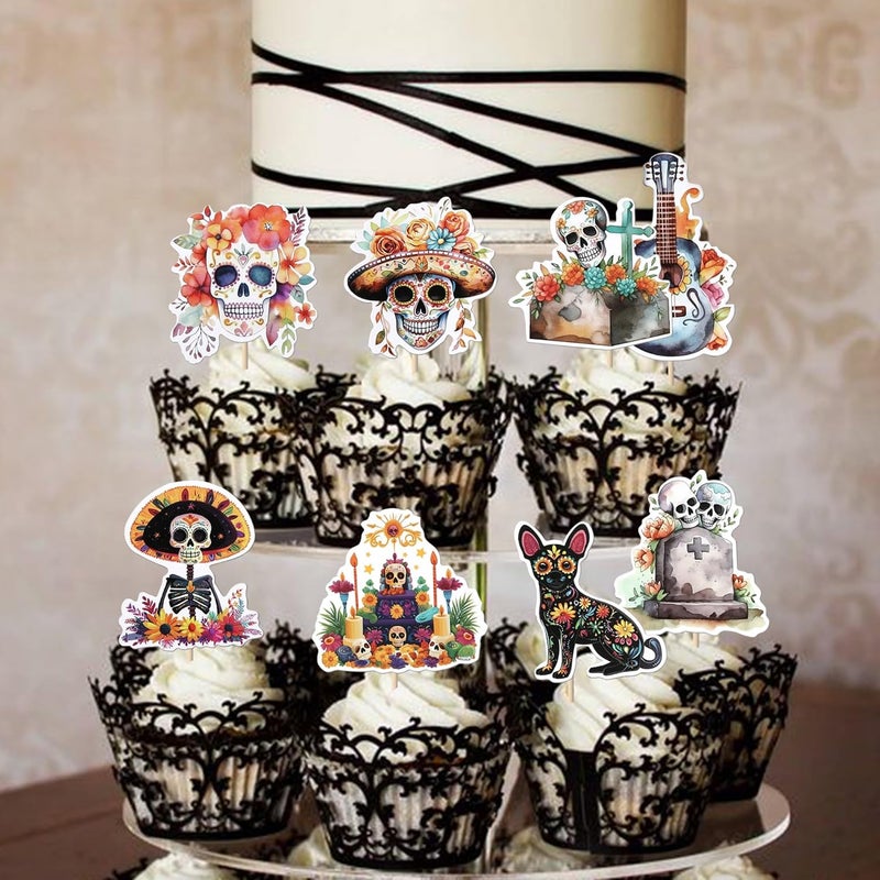 Rsstarxi 40 Pack Zombie Cupcake Toppers Halloween Skull Birthday Party Decorations Day of the Dead Cupcake Picks Decorations for Sugar Skull Skeleton Halloween Party Cake Decorations - Image 5