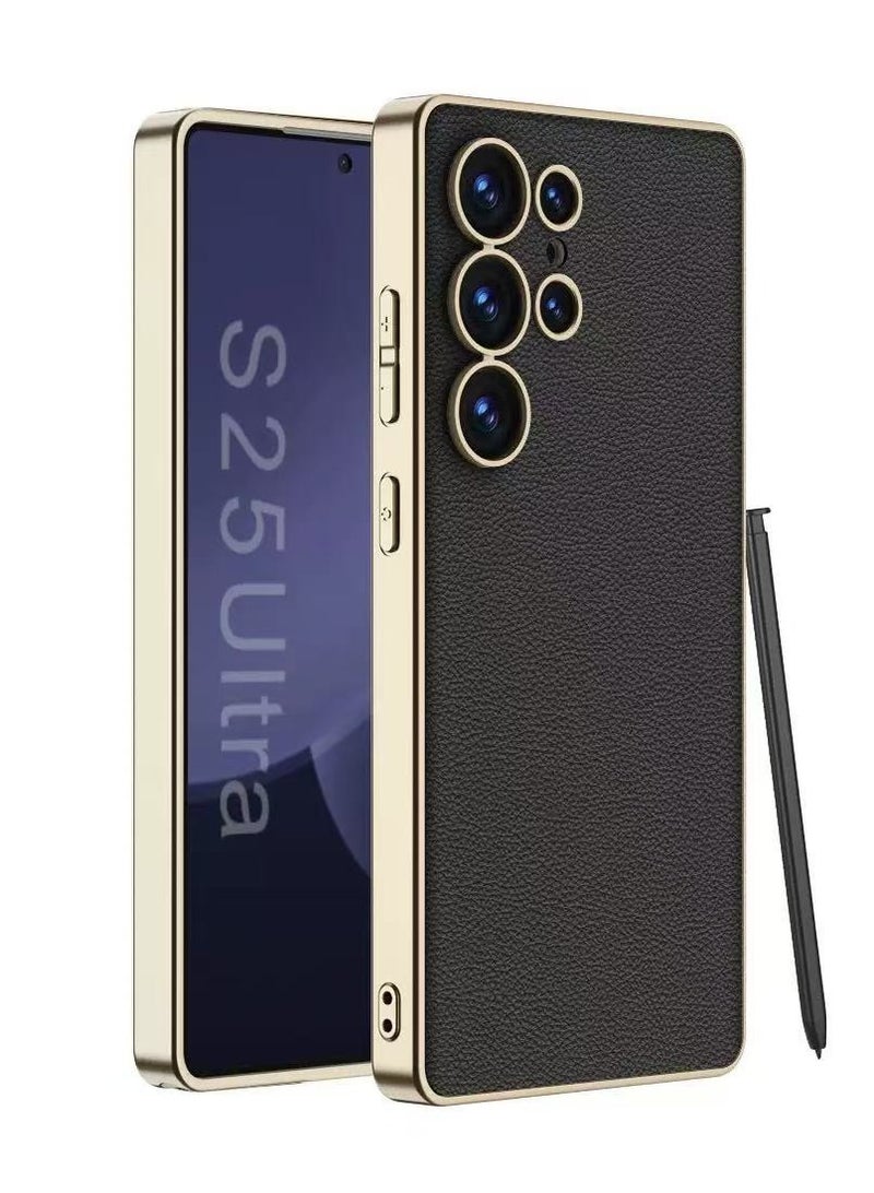 Compatible with Samsung S25 Ultra Case, Deluxe Gold Plated Leather Business Premium Classic Case, Slip Resistant, Scratch Resistant Case (Black) - Image 1