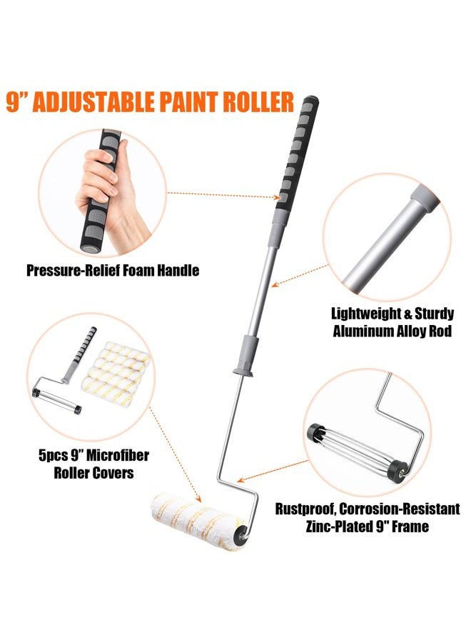 PinStone House Paint Roller Kit, 9 inch Extendable Roller Frame with 5 Microfiber Replacement Covers, Adjustable Painting Roller (18" - 36"), Home Painting Supplies for Painting Walls and Ceilings - Image 3