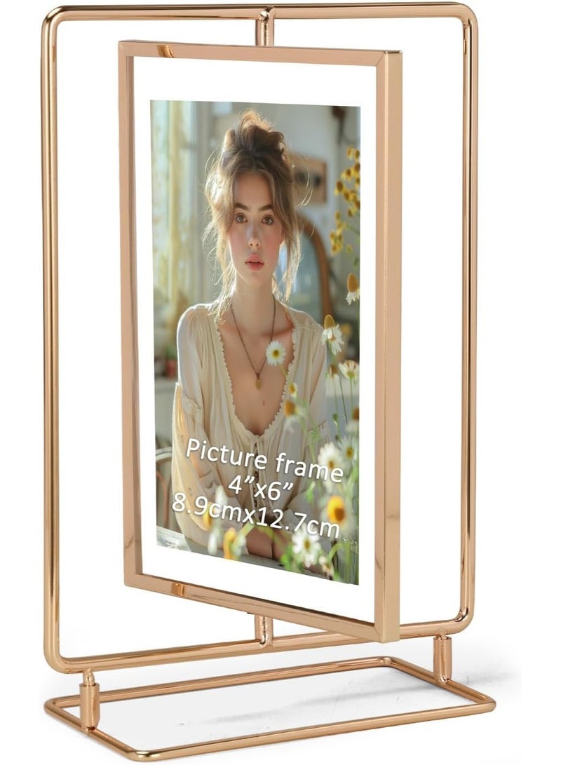 Decorhills Rotating Picture Frame for 4x6 Picture, Gold Metal Standing Double Sided 4x6 Floating Picture Frame for Vertical Table Display, Frame for Tabletop, Ideal for Home Décor & Gift Use - Image 1