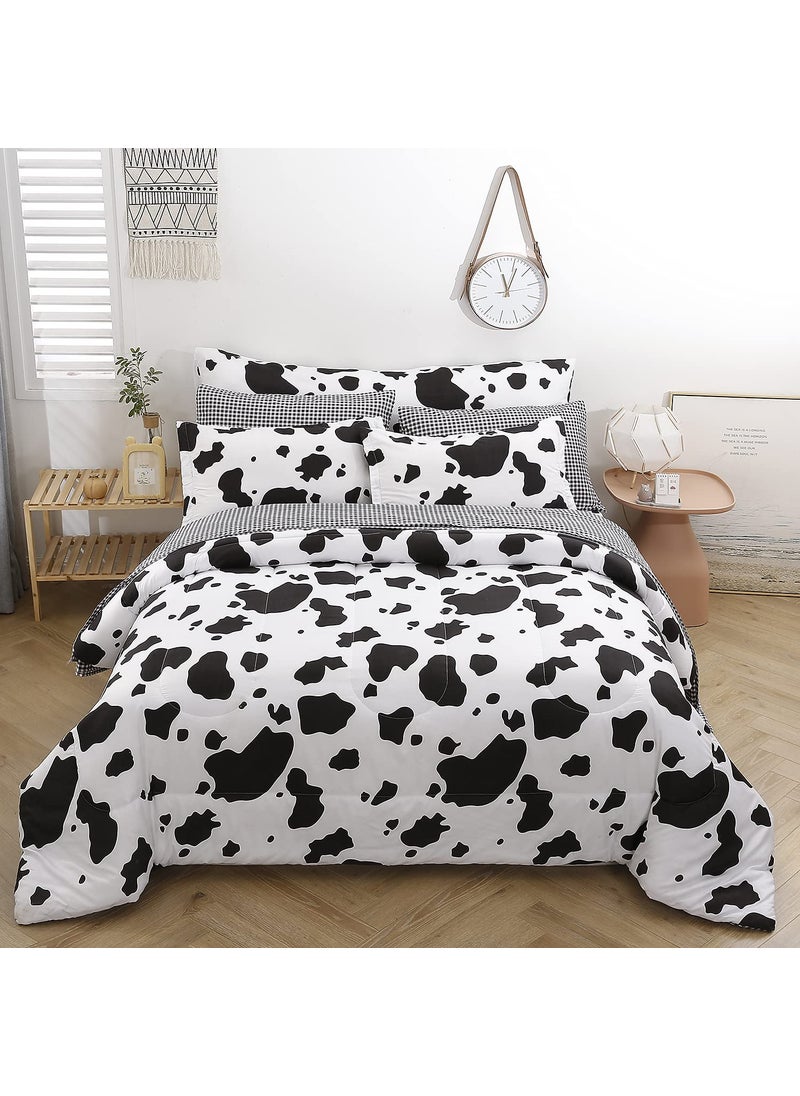 SUCSES SUCSES Cow Print Queen Comforter Set with Sheets 8Pcs Bed in A Bag Queen Size Bedding Set Geometric Black and White Duvets for All Season 