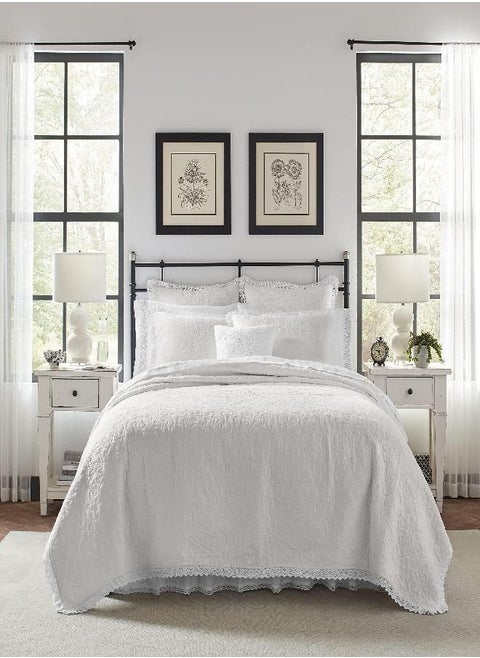 Laura Ashley Home - Heirloom Crochet Collection - Quilt Set - 100% Cotton, Breathable & Lightweight Bedding with Matching Sham, Pre-Washed for Added Softness, Twin, White