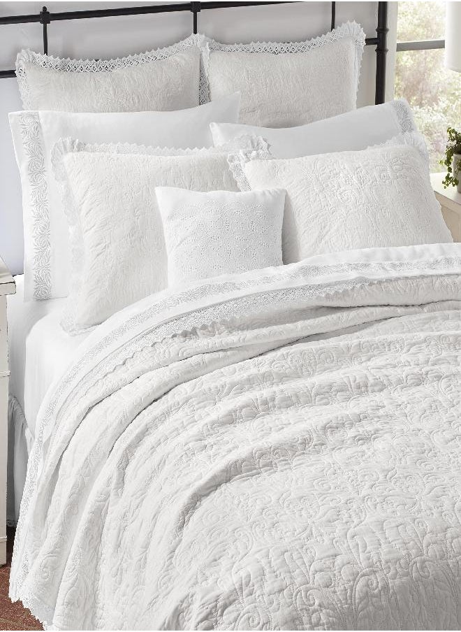 LAURA ASHLEY - Laura Ashley Home - Heirloom Crochet Collection - Quilt Set - 100% Cotton, Breathable & Lightweight Bedding with Matching Sham, Pre-Washed for Added Softness, Twin, White - Image 1
