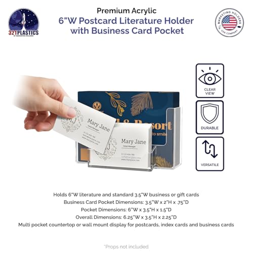 Marketing Holders Postcard Holder 6 Inch Wide with 3.5" x 2" Business Card Pocket and Hanging Hardware Wall Index Card Display Clear Acrylic Literature Organizer for Offices Shops and Tradeshows - Image 2