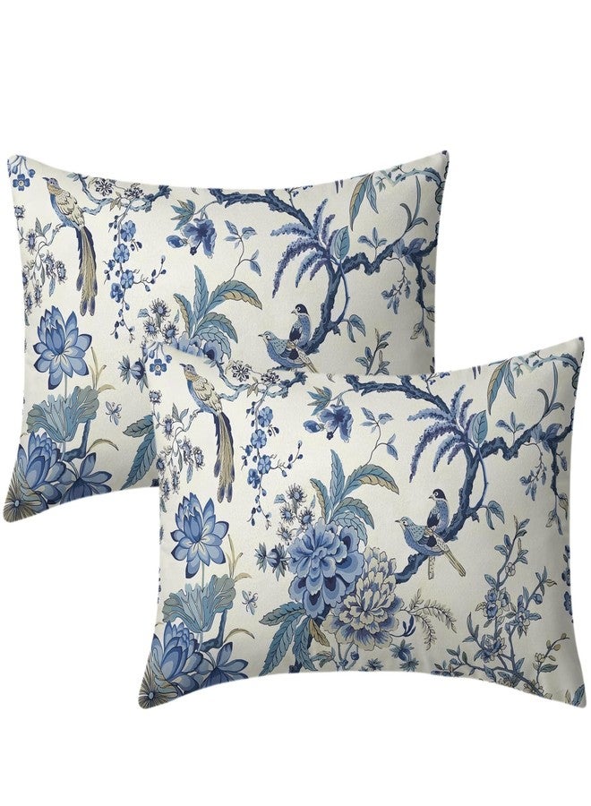 Sweetshow Chinoiserie Pillow Covers 12x20 Inch Set of 2 Blue and White Outdoor Pillows Bule Birds Flowers Throw Pillow Covers Cotton Lumbar Cushion Cover Decor for Bedroom Couch Bed Living Room Sofa Chair - Image 1