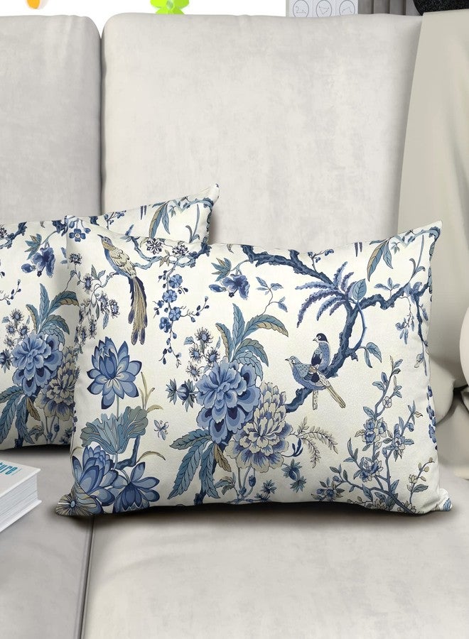 Sweetshow Chinoiserie Pillow Covers 12x20 Inch Set of 2 Blue and White Outdoor Pillows Bule Birds Flowers Throw Pillow Covers Cotton Lumbar Cushion Cover Decor for Bedroom Couch Bed Living Room Sofa Chair - Image 2