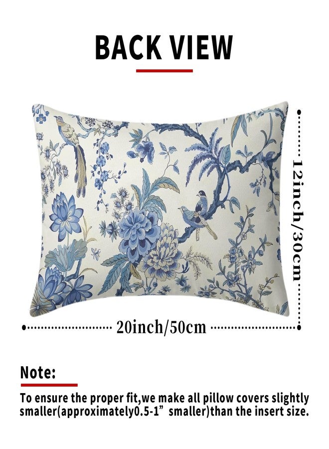 Sweetshow Chinoiserie Pillow Covers 12x20 Inch Set of 2 Blue and White Outdoor Pillows Bule Birds Flowers Throw Pillow Covers Cotton Lumbar Cushion Cover Decor for Bedroom Couch Bed Living Room Sofa Chair - Image 4