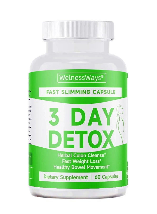 WelnessWays 3-Day Fast-Acting Detox & Slimming Capsules | Herbal Colon Cleanse + Rapid Fat Burning | 60 Capsules Dietary Supplement - Image 1