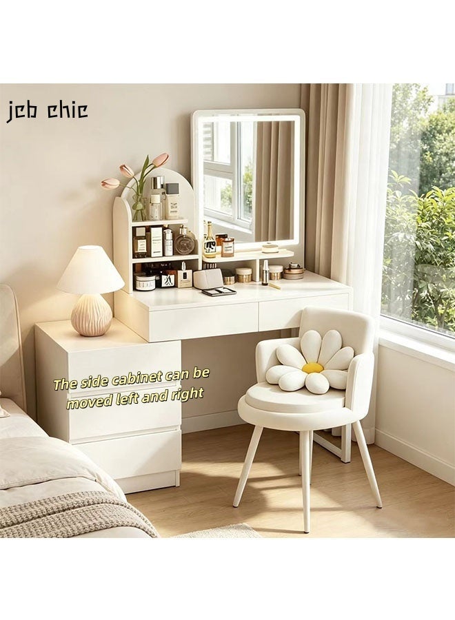 JCB CHIC White Makeup Vanity Desk with LED Lighted Mirror, Moveable Side Cabinet,Modern Dressing Table with Adjustable Light for Bedroom ，Multi-Storage Makeup Vanity Table with Retractable Side Cabinets for Women/Girls - Image 1