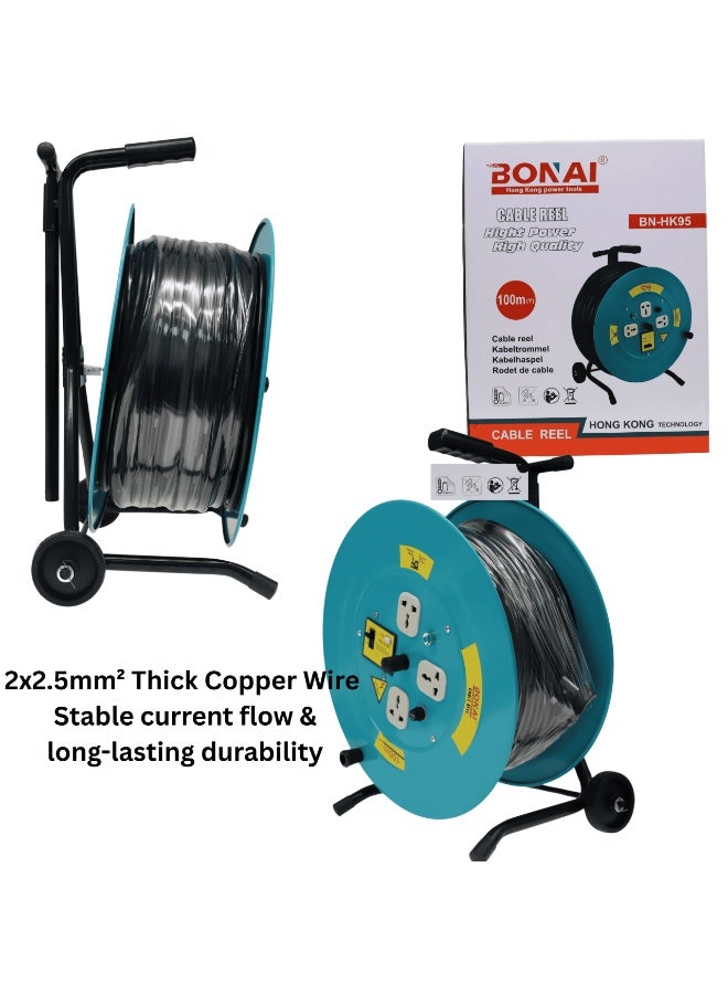 BONAI 100m Heavy Duty Cable Reel – High Power Extension Cord with Thermal Overload Protection, Durable Flame-Retardant Housing, Ergonomic Handle, Portable Power Drum for Industrial, Construction & Outdoor Use - Image 1