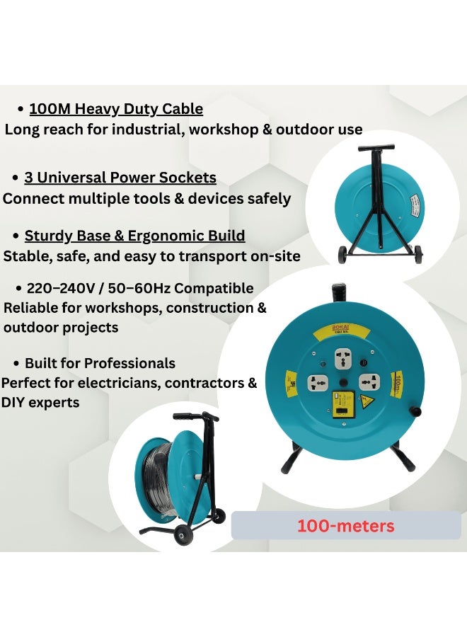 BONAI 100m Heavy Duty Cable Reel – High Power Extension Cord with Thermal Overload Protection, Durable Flame-Retardant Housing, Ergonomic Handle, Portable Power Drum for Industrial, Construction & Outdoor Use - Image 4