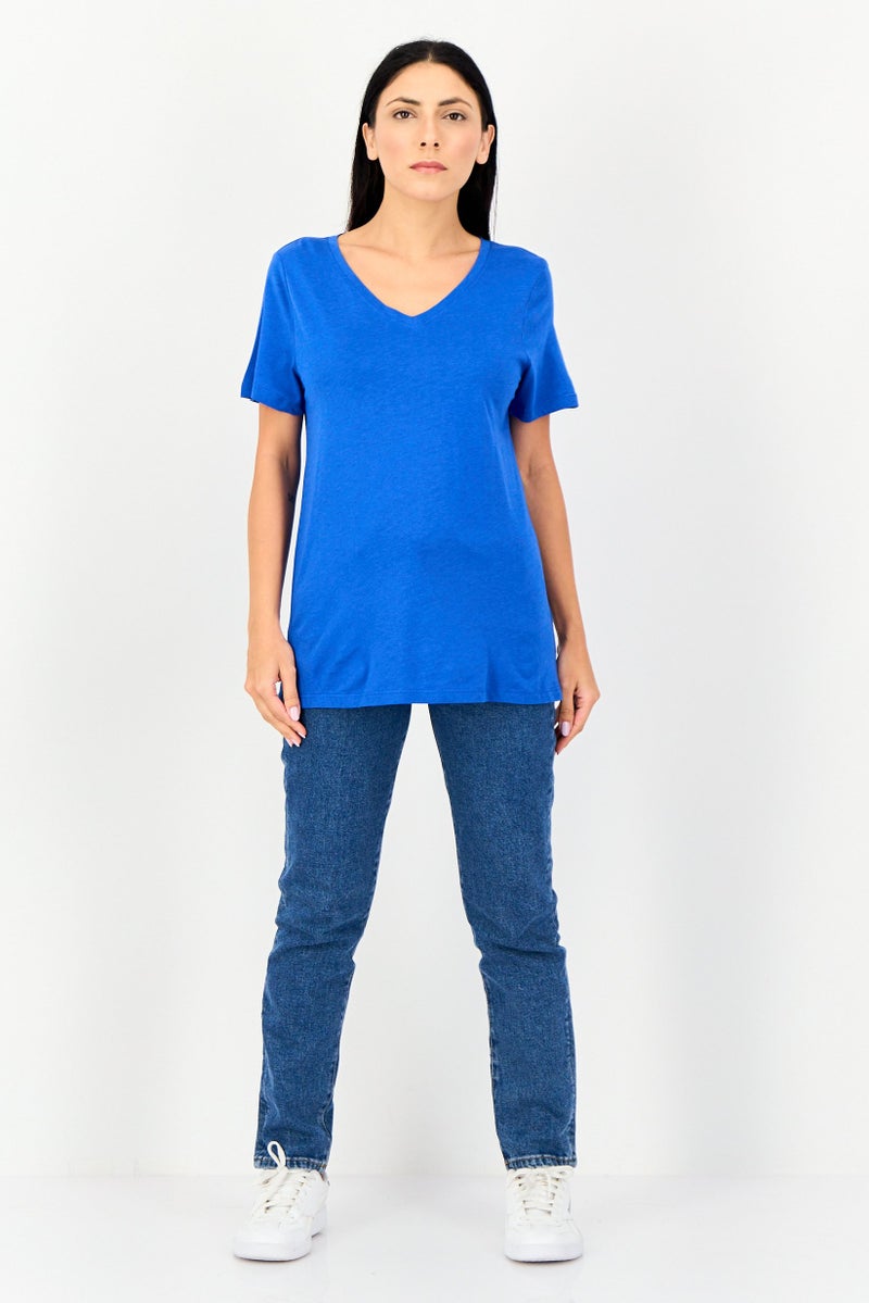 Member's Mark Women V Neck Short Sleeve Plain T-Shirt, Blue - Image 2