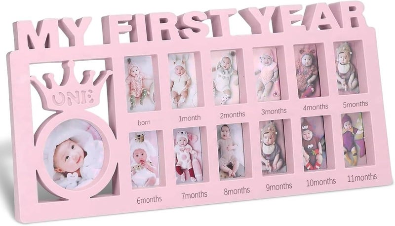 Home Elements Baby First Year Photo Frame, Monthly Milestone Picture Collage, 13 Photo Slots with Crown Design, Tabletop Photo Frame Gift For Newborn Baby - 39x18.5cm (Pink) - Image 1