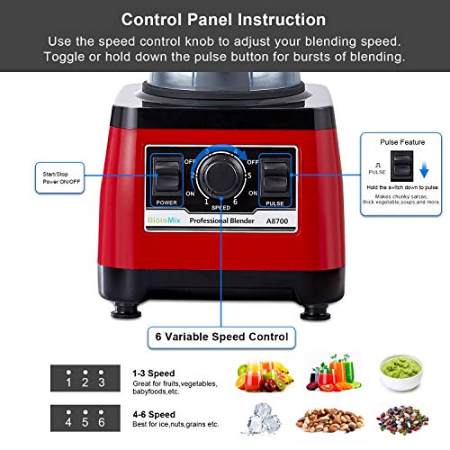 BioloMix Heavy Duty Professional Blender, Peak 2200W Commercial Grade Bar Blender With 70Oz Container For Shakes, Smoothies, Ice Crushing, Frozen Fruits, Soups, Dry Grinding (Red) - Image 4