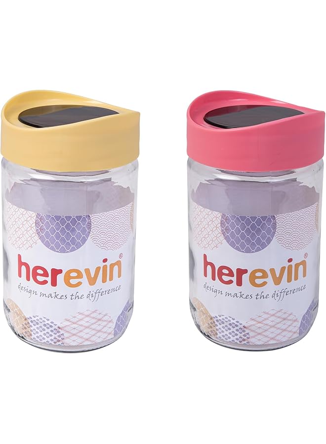 HEREVIN 660Ml Glass Jar Canister Storage Jar With Transparent Top And Assorted Color Lid