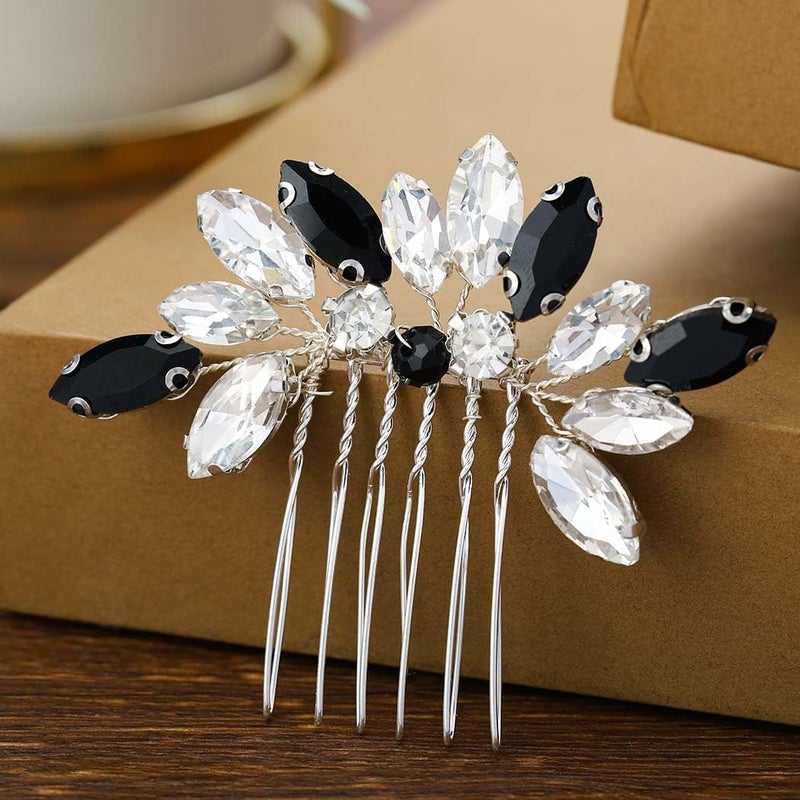 Foyte Crystal Wedding Hair Comb Leaf Rhinestone Headpiece Black Bride Hair Pieces Bridesmaid Side Hair Combs for Women small