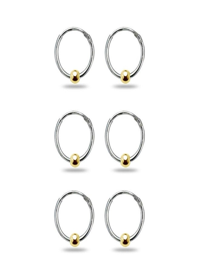Hoops 4 Less Sterling Silver Two Tone Yellow Ball Bead Small Endless 10mm Lightweight Thin Round Unisex Hoop Earrings, 3 Pairs - Image 1