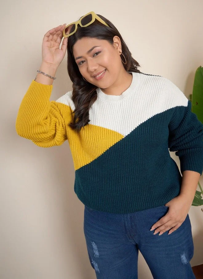 CURVY STREET Colourblocked Acrylic Pullover for Women