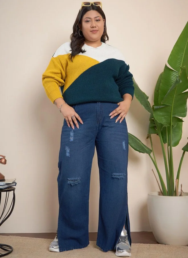 CURVY STREET Colourblocked Acrylic Pullover for Women