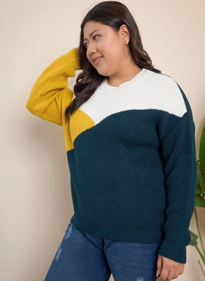 CURVY STREET Colourblocked Acrylic Pullover for Women