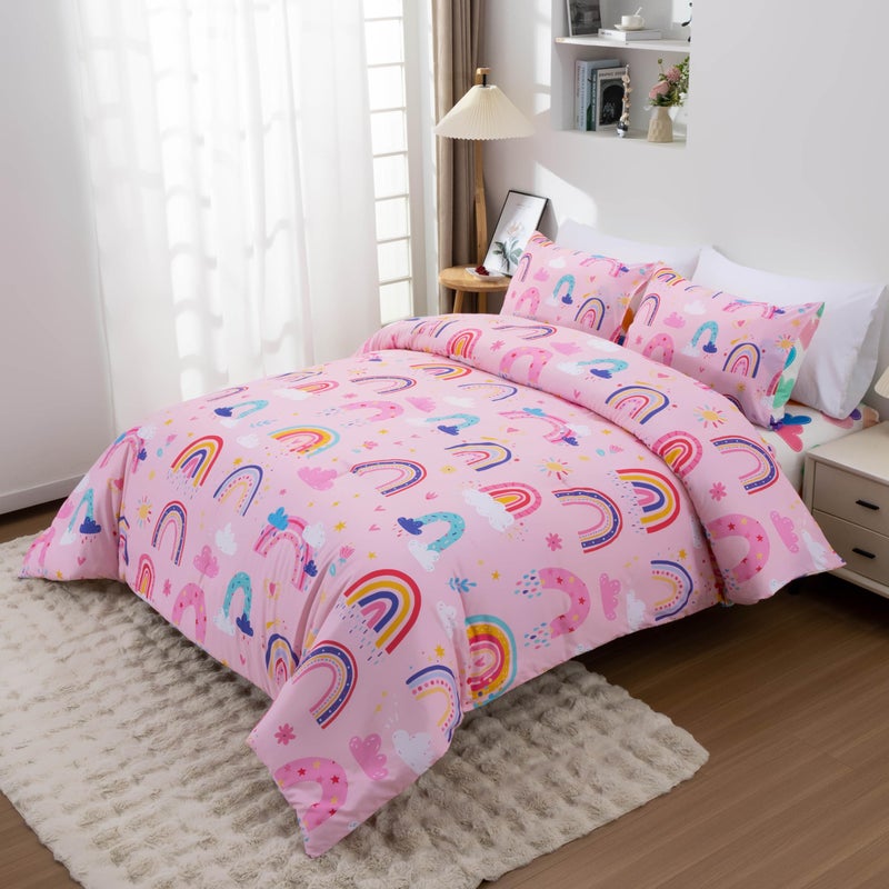 Btargot Lightweight Soft 3 Piece Rainbow Comforter Set with 2 Pillow Covers  Cartoon Love Hearts Suns and Stars Bedding Set for Girls Boys Kids  Queen Light Pink - Image 3