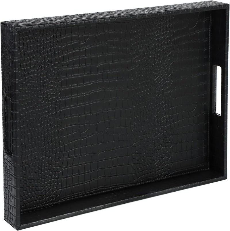 HofferRuffer Rectangle Serving Tray with Hole Handles for Coffee Table Breakfast Tea Food Butler  Countertop Kitchen Vanity Serve Tray 162 x 122 x 2 inches Faux Leather Black Croco - Image 1