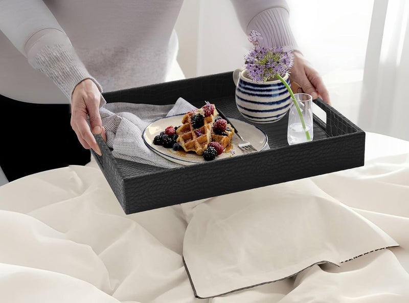 HofferRuffer Rectangle Serving Tray with Hole Handles for Coffee Table Breakfast Tea Food Butler  Countertop Kitchen Vanity Serve Tray 162 x 122 x 2 inches Faux Leather Black Croco - Image 5