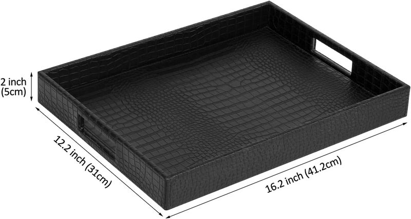 HofferRuffer Rectangle Serving Tray with Hole Handles for Coffee Table Breakfast Tea Food Butler  Countertop Kitchen Vanity Serve Tray 162 x 122 x 2 inches Faux Leather Black Croco - Image 2