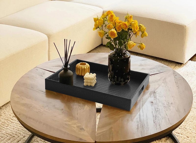 HofferRuffer Rectangle Serving Tray with Hole Handles for Coffee Table Breakfast Tea Food Butler  Countertop Kitchen Vanity Serve Tray 162 x 122 x 2 inches Faux Leather Black Croco - Image 4
