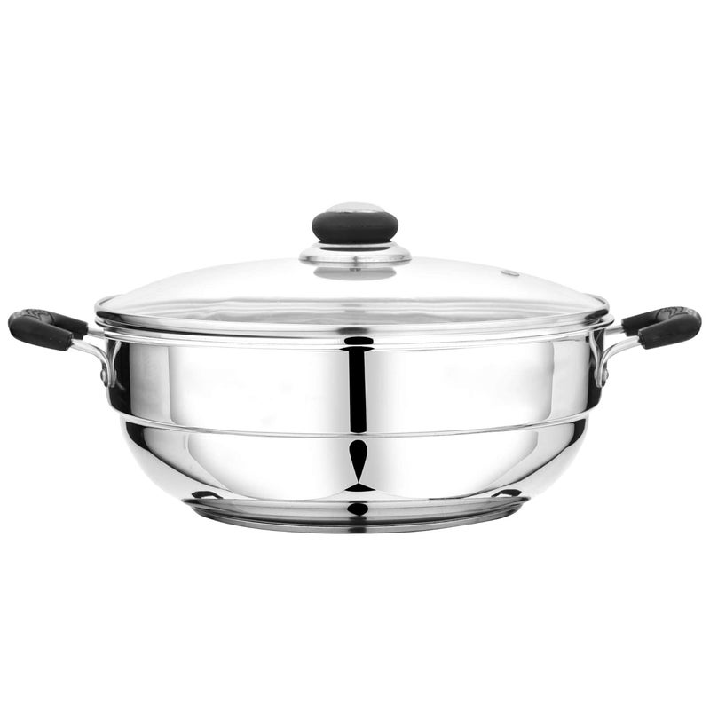 Pristine Stainless Steel Try Ply Induction Base MultiPurpose Kadai with Lid and 5 Plates 2 Idli Plates 2 Dhoklas Patra Plates 27cm Silver - Image 5