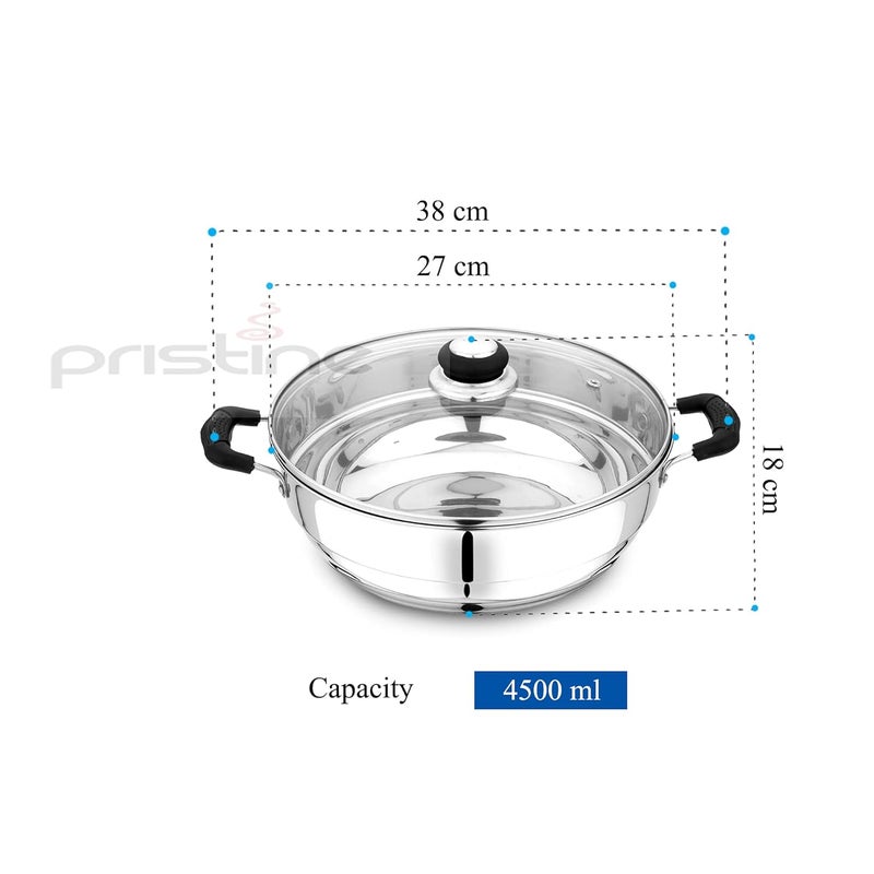Pristine Stainless Steel Try Ply Induction Base MultiPurpose Kadai with Lid and 5 Plates 2 Idli Plates 2 Dhoklas Patra Plates 27cm Silver - Image 4