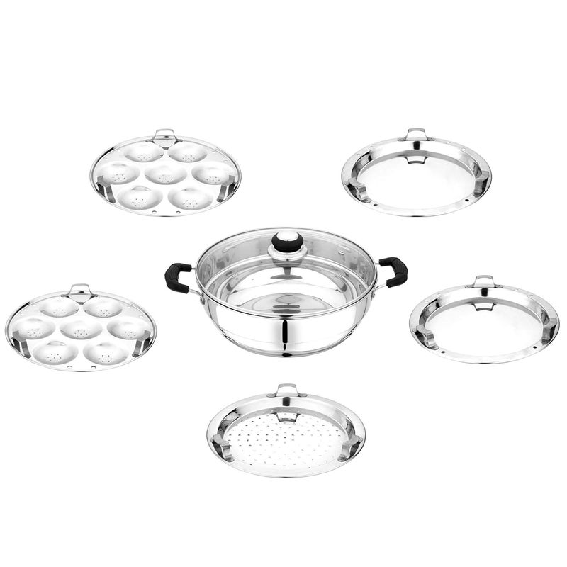 Pristine Stainless Steel Try Ply Induction Base MultiPurpose Kadai with Lid and 5 Plates 2 Idli Plates 2 Dhoklas Patra Plates 27cm Silver - Image 3