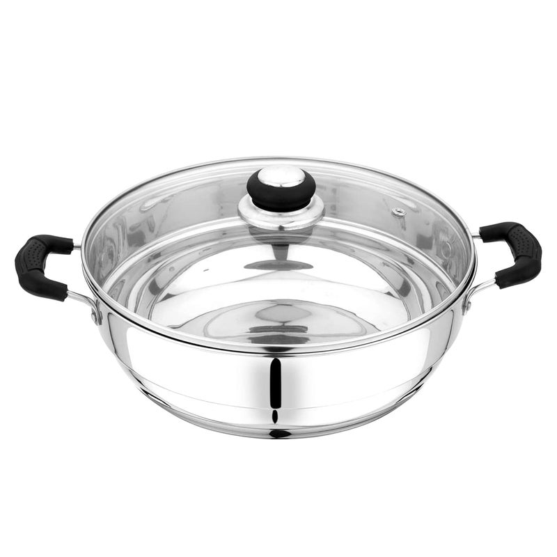Pristine Stainless Steel Try Ply Induction Base MultiPurpose Kadai with Lid and 5 Plates 2 Idli Plates 2 Dhoklas Patra Plates 27cm Silver - Image 2