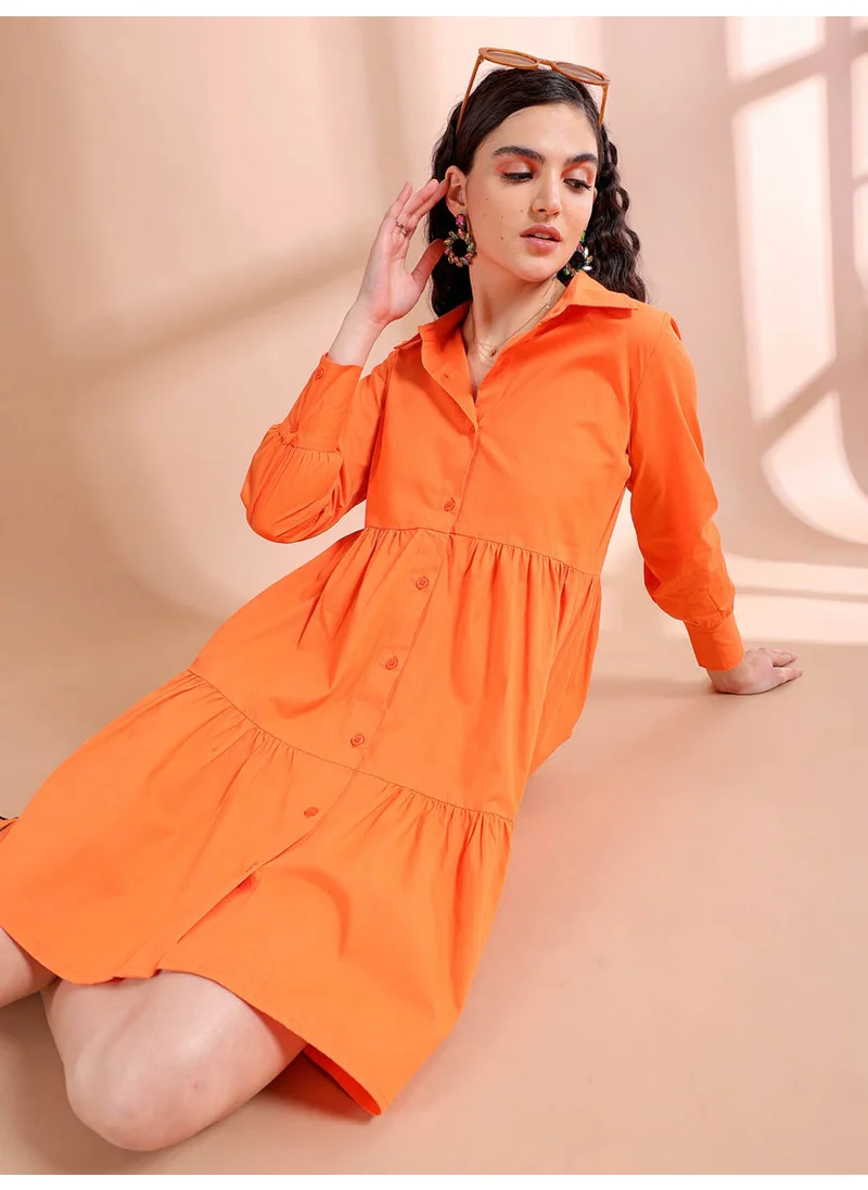 مرفوعة Women Casual Fit And Flare Solid Tiered Collared Neck Shirt Dress