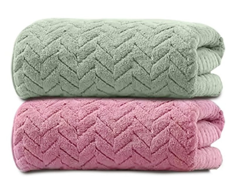 MAXOSHINE Microfiber Towels for Bath Large Size-Super Soft Coral Fleece Bathing Towel with Hook Quick Dry Super Absorbent-Bath Towel for Men and Women-70x140 cm 350 GSM (Green/Pink, Pack of 2) - Image 1