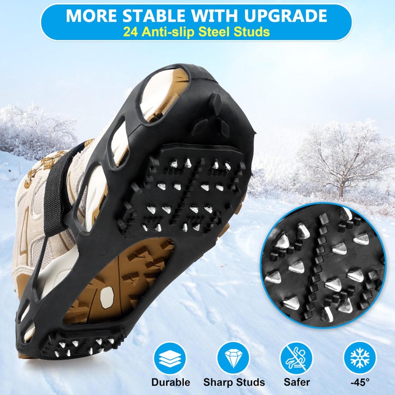 OROOTL Ice Cleats for Shoes and Boots Walk Traction Crampons Anti Slip 24 Studs Ice Snow Grippers for Women Men Kids Winter Hiking Climbing Fishing Gear - Image 2