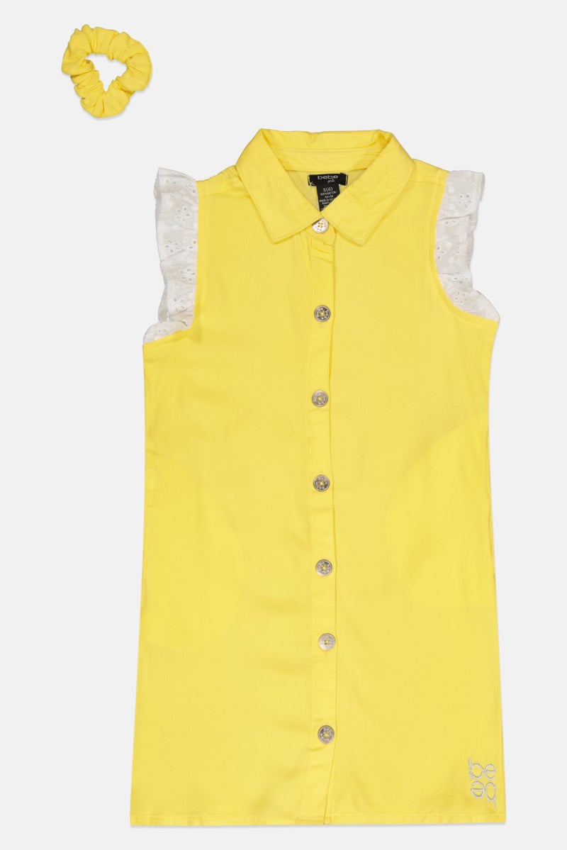 bebe Kids Girl Embroidered Logo Dress With Scrunchie, Yellow - Image 2