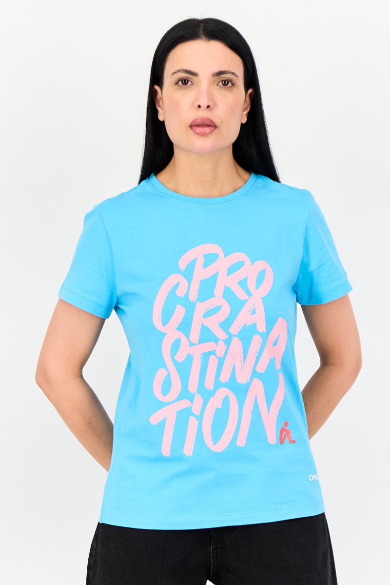 ONLY Women Crew Neck Short Sleeves Graphic Print T-shirts, Blue - Image 1