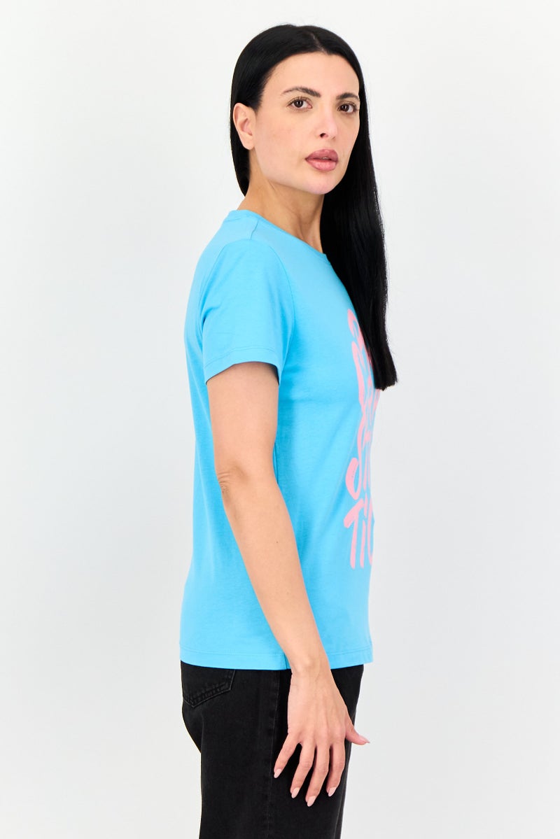 ONLY Women Crew Neck Short Sleeves Graphic Print T-shirts, Blue - Image 3
