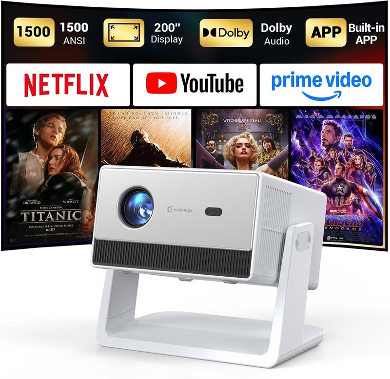 HAPPRUN 1500 ANSI Smart Projector - 4K Full HD Home Theater with Built-in Apps, Dolby Sound, WiFi & Bluetooth - Image 1