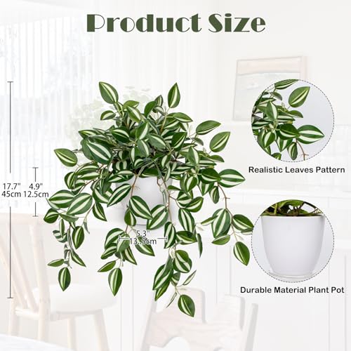Briful Fake Plants Indoor Artificial Potted Silk Plants Faux Watermelon Peperomia Cascading Vine Plant for Home Office Livingroom Desk Shelf Mantle Decoration(Green/White - 1 Pack) - Image 2