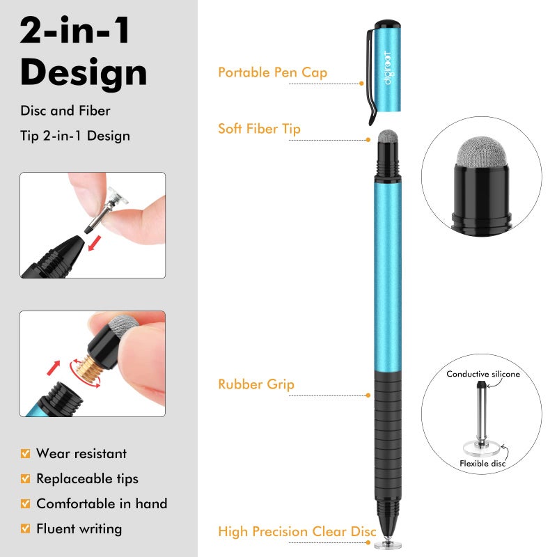 Digiroot Universal Stylus,[2-in-1] Disc Stylus Pens for All Touch Screens Cell Phones, iPad, Tablets, Laptops with 6 Replacement Tips(4 Discs, 2 Fiber Tips Included) - (Blue) - Image 3