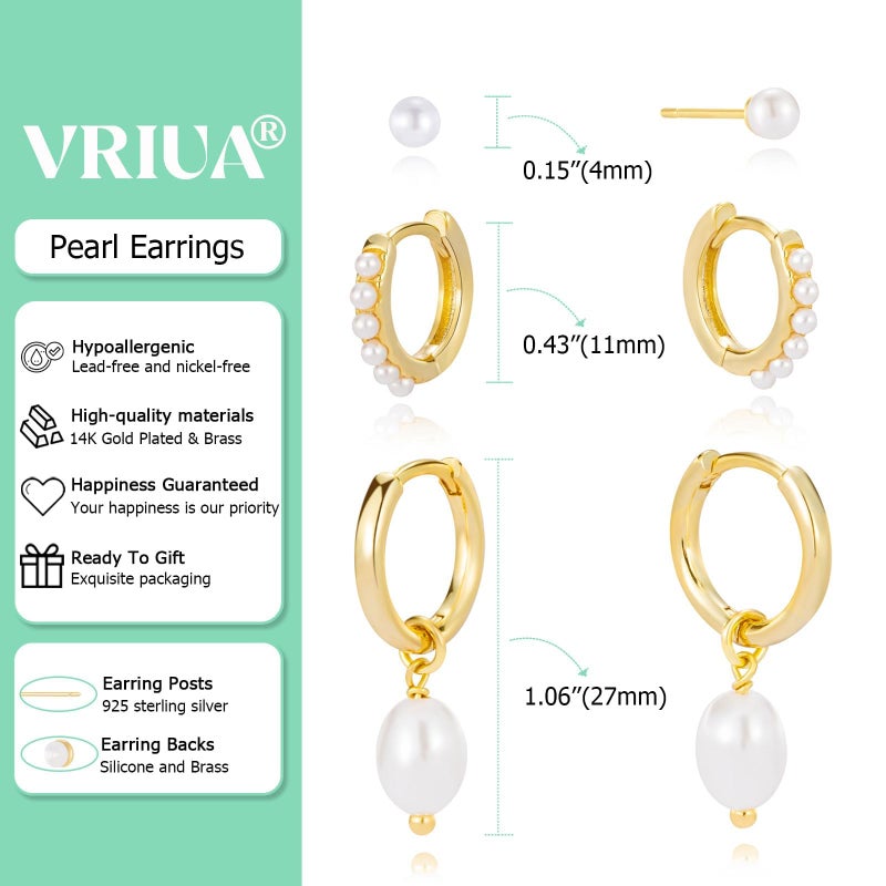 VRIUA Pearl Earrings for Women - 14K Gold Plated Stacks Earring Dainty Pearl Drop Earrings Set Hypoallergenic Earring for Women Trendy Jewelry - Image 4