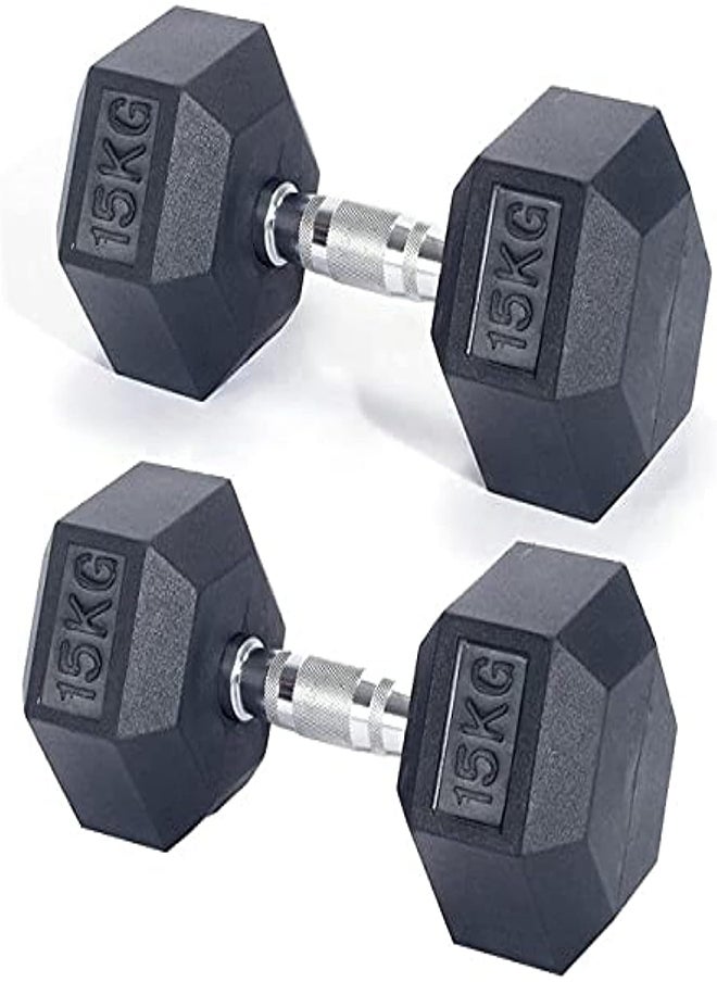 Miracle Fitness Rubber Hex Dumbbells – Solid Cast Iron Core Rubber Coated Head Dumbbell Weights for Exercises at Home and Commercial Gym – 15 Kg – Sold in Pair (2 Pcs)  - Image 1