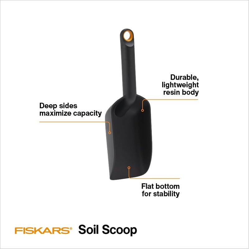 Fiskars Soil Scoop, Indoor Potting & Transplanting Tool for Medium Planters, Durable Lightweight Resin Garden Scooper with Flat Bottom & Deep Sides to Prevent Spills, 1.5 Cup Capacity, Black - Image 2