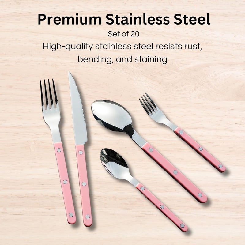 Khen Cutlery Set of 20 188 Stainless Steel Flatware Modern Silverware for Home Kitchen Dining  Table Setting for 4  Stainless Steel Dishwasher Safe Lightweight  Ergonomic Design Gift  Pink - Image 3